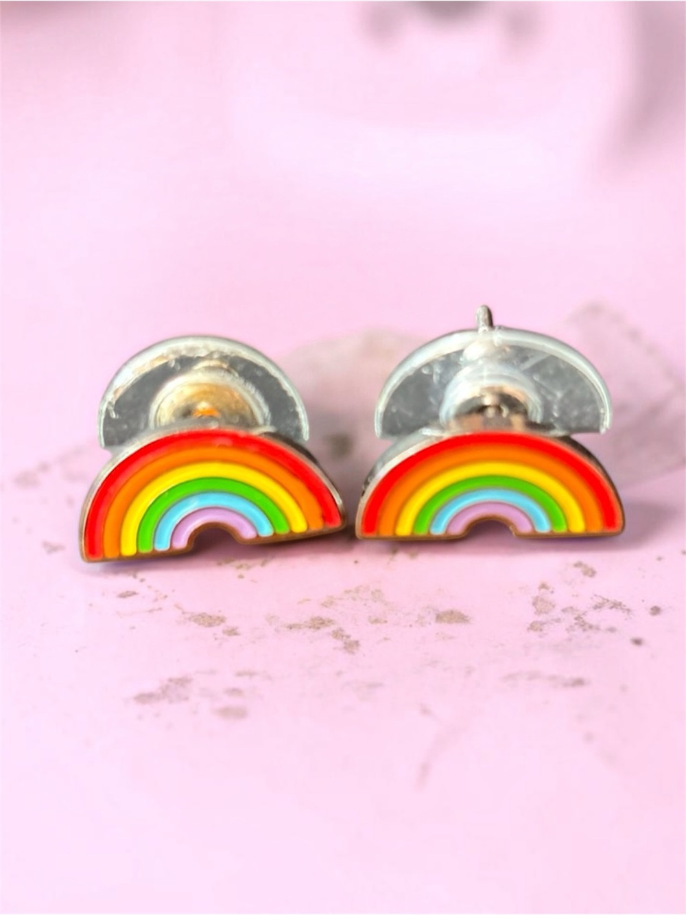 Rainbow Enamel Stud Earrings Multicolor Mini Silver Tone